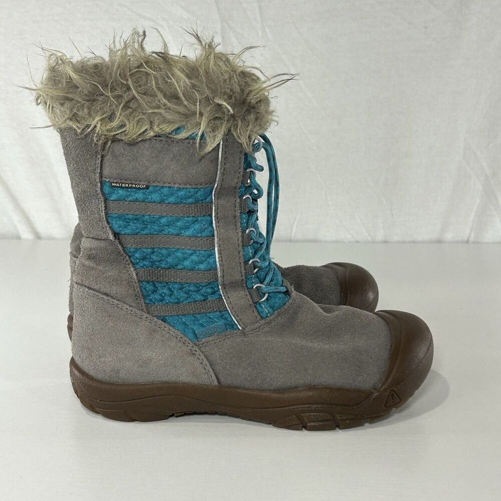 Keen Girl Wapato Winter Snow Boots Size 3 Youth Waterproof Faux Fur Gray Blue